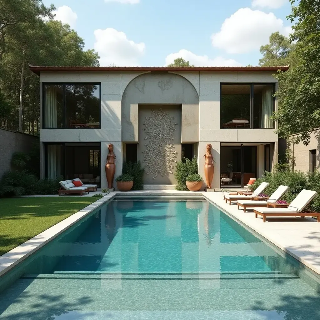 a photo of a stylish pool area featuring artistic tiles and contemporary sculptures