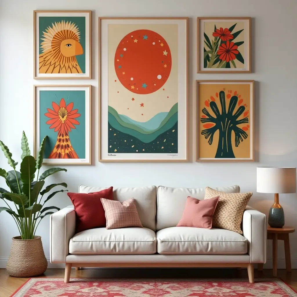 a photo of a vibrant gallery wall with bohemian art pieces