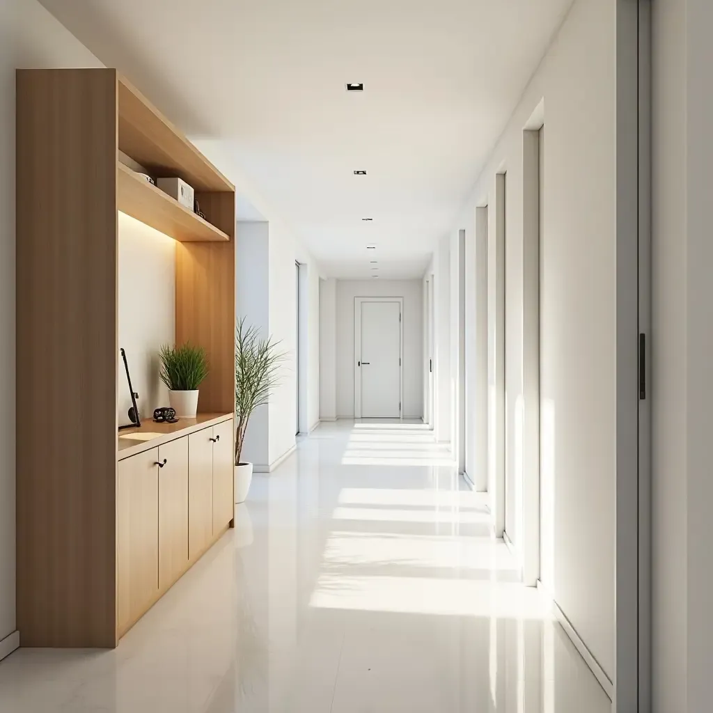 a photo of a bright corridor with multi-functional furniture for storage