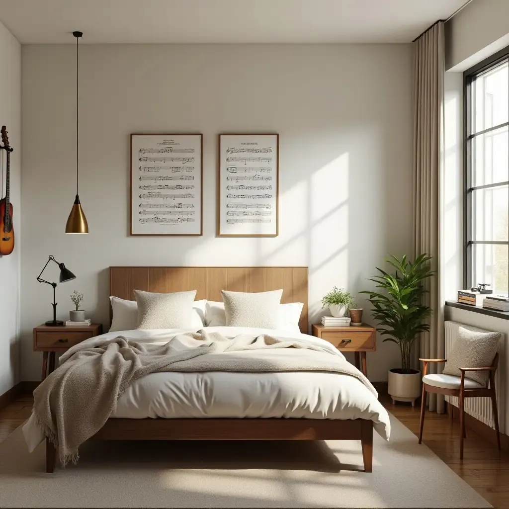 a photo of a music-themed bedroom featuring instruments and musical notes