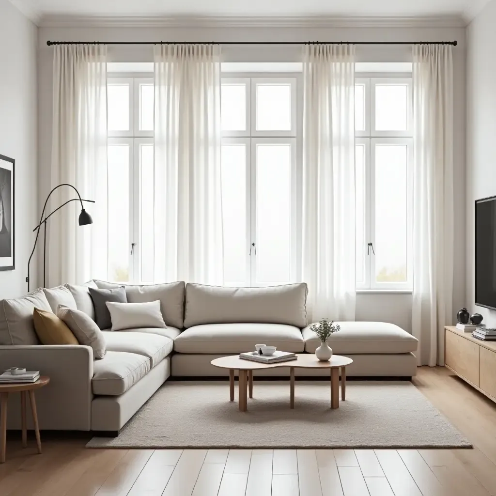 a photo of a spacious Scandinavian living room with a large sectional sofa and light curtains