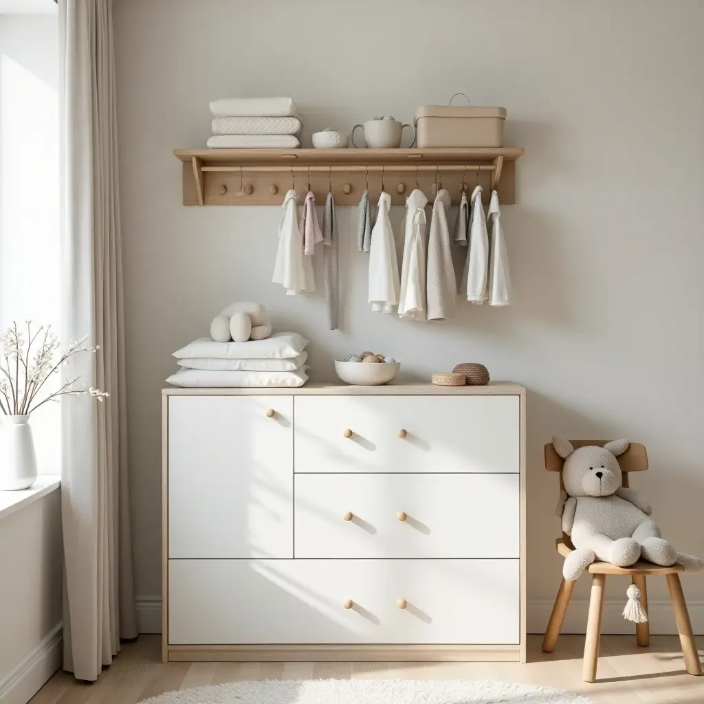 a photo of a nursery with a stylish dresser for baby clothes