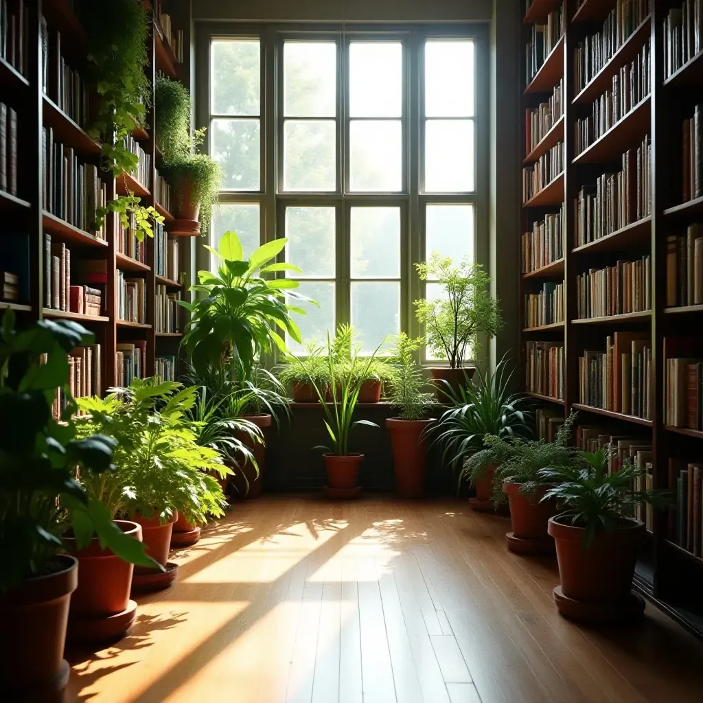 a photo of a library filled with plants and natural light streaming in