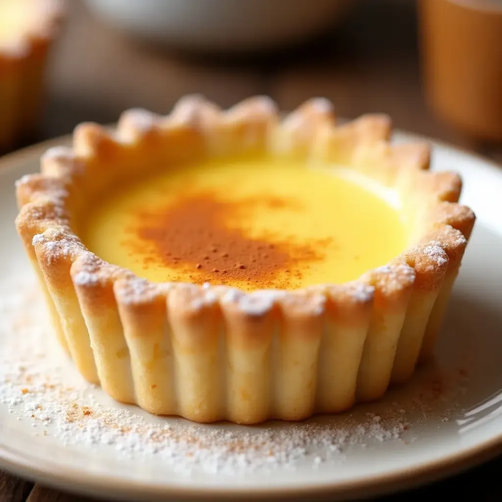 a photo of a delicate egg custard tart, dusted with powdered sugar and cinnamon.