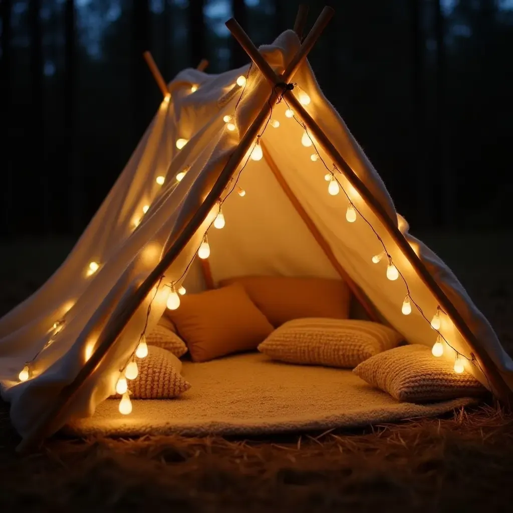 a photo of a cozy blanket fort made with fairy lights and cushions