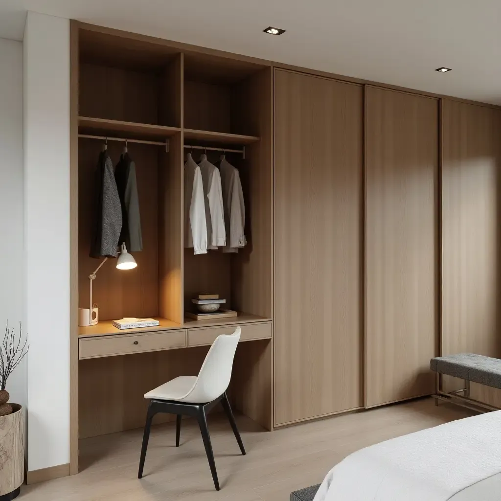 a photo of a bedroom featuring a hidden desk within a wardrobe