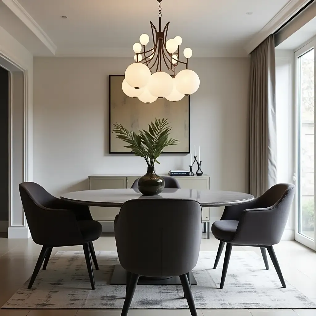 a photo of a chic dining area with designer chairs and a statement chandelier