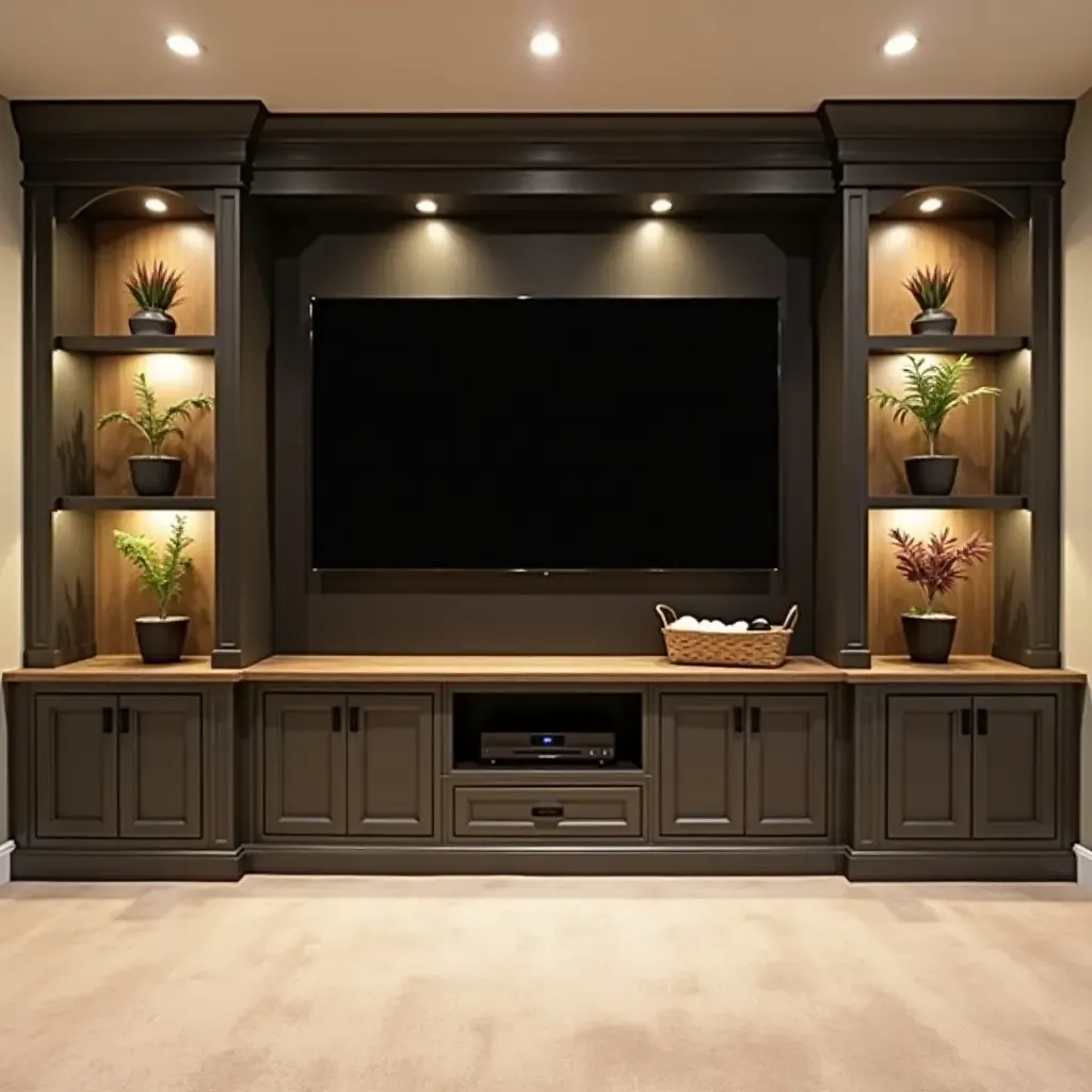 a photo of a basement media center with shelves for electronics