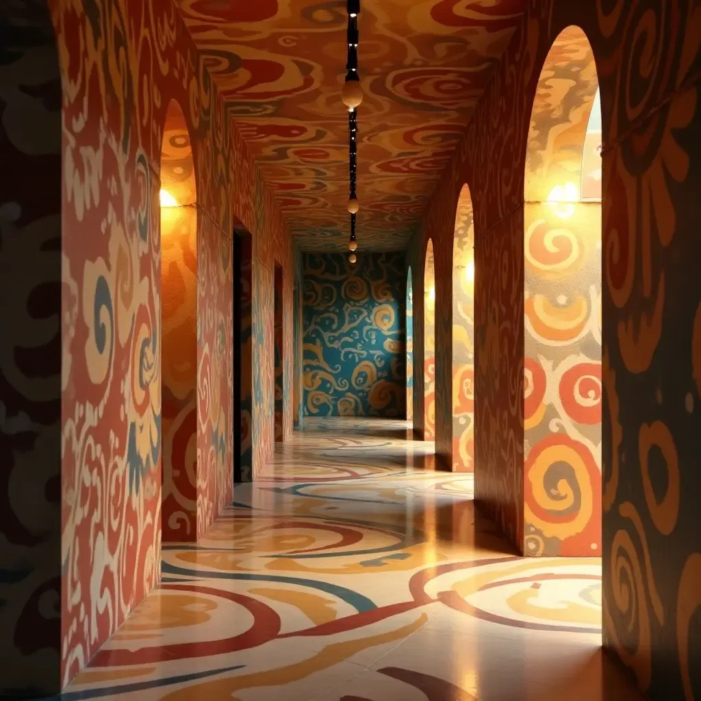 a photo of a corridor with artistic wall murals and creative lighting fixtures