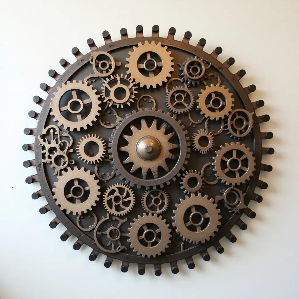 a photo of a wall art piece made from gears and metal