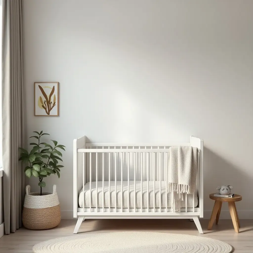 a photo of a modern nursery with a simple layout and stylish decor