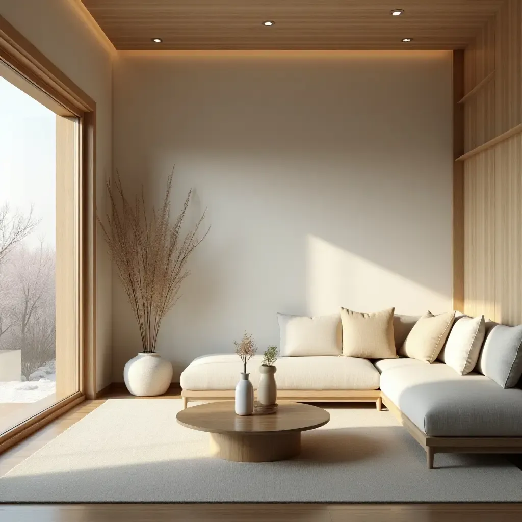 a photo of a Zen-inspired living room with minimalist decor and tranquility