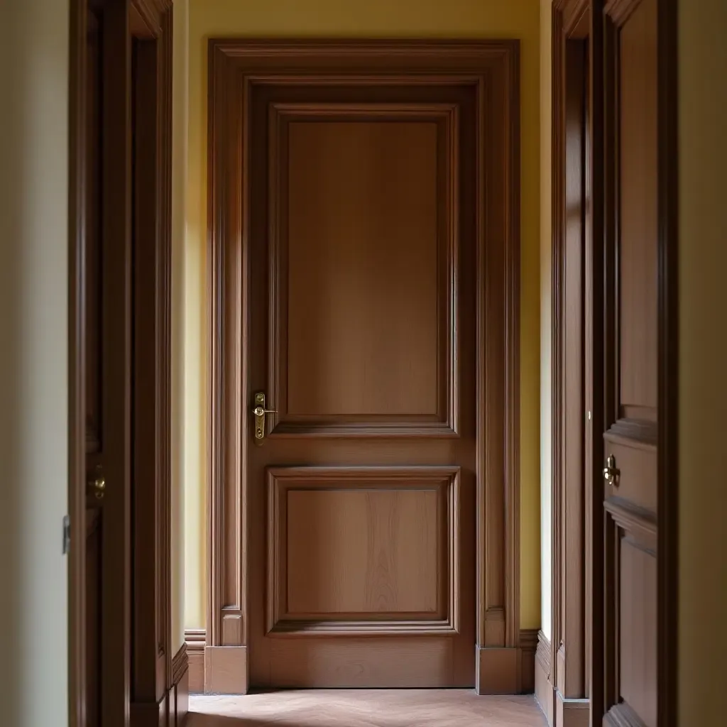 a photo of a classic wooden door with vintage hardware in a corridor