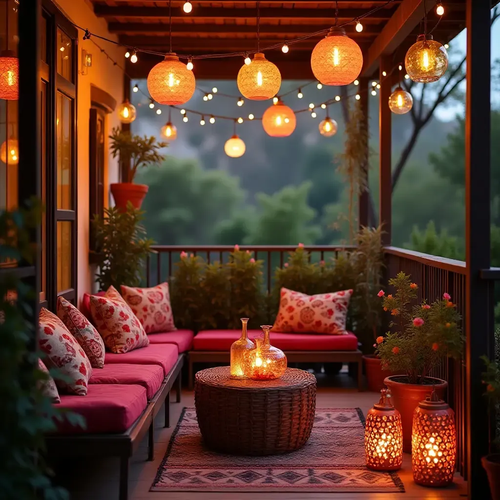 a photo of a bohemian-style balcony with colorful lanterns and cushions