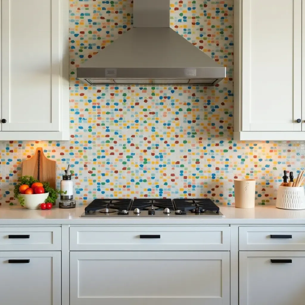 a photo of a colorful mosaic tile backsplash in a kitchen