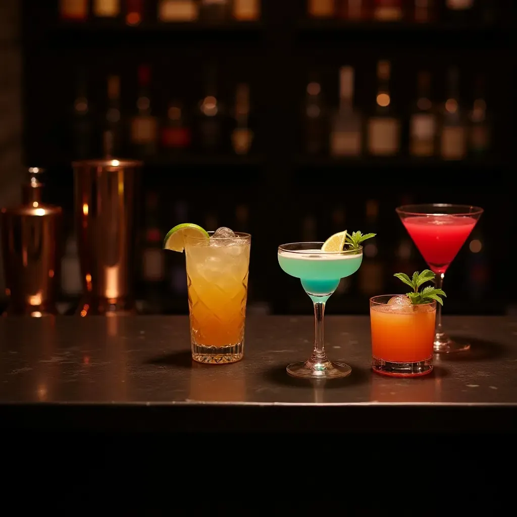 a photo of a chic cocktail bar in a basement with stylish glassware and colorful cocktails