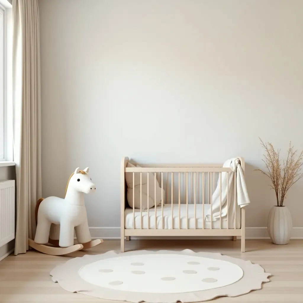 a photo of a serene nursery with a rocking horse and soft, neutral tones