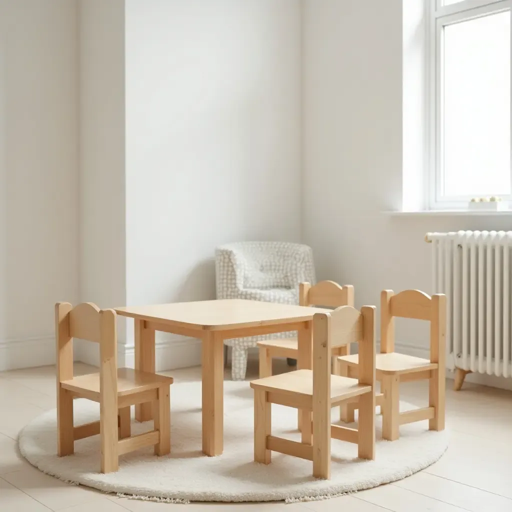 a photo of a nursery with a wooden play table and chairs