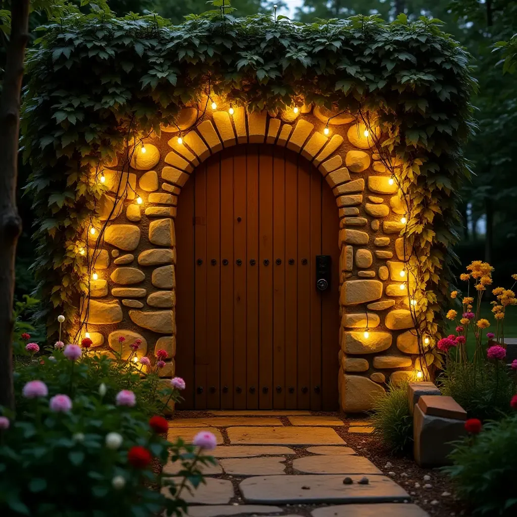 a photo of a whimsical fairy-tale garden wall with fairy lights