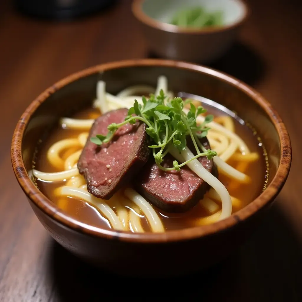 a photo of rich galbitang, beef short rib soup with radish and glass noodles, in a deep ceramic bowl.