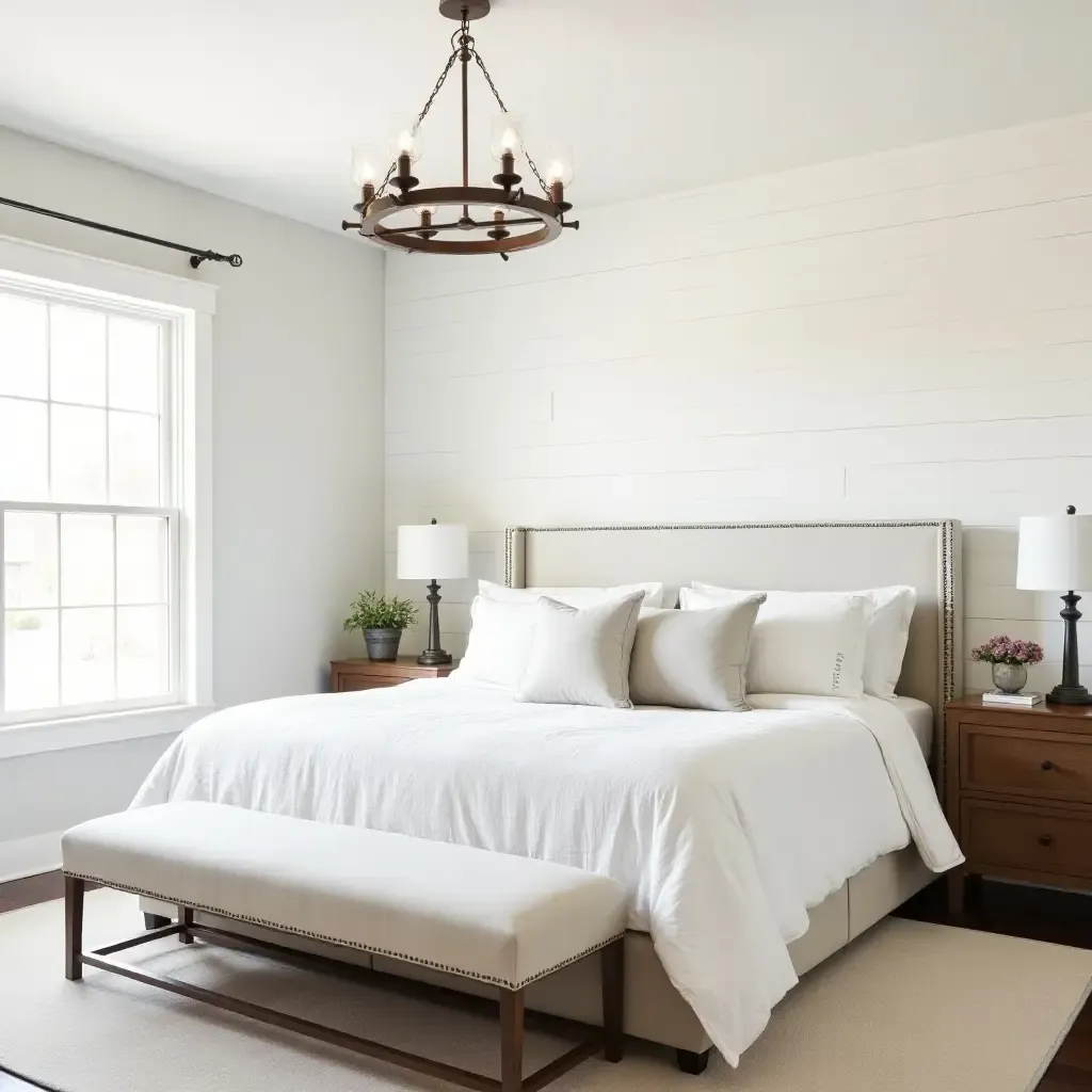 a photo of a serene bedroom featuring shiplap walls and a farmhouse-style chandelier