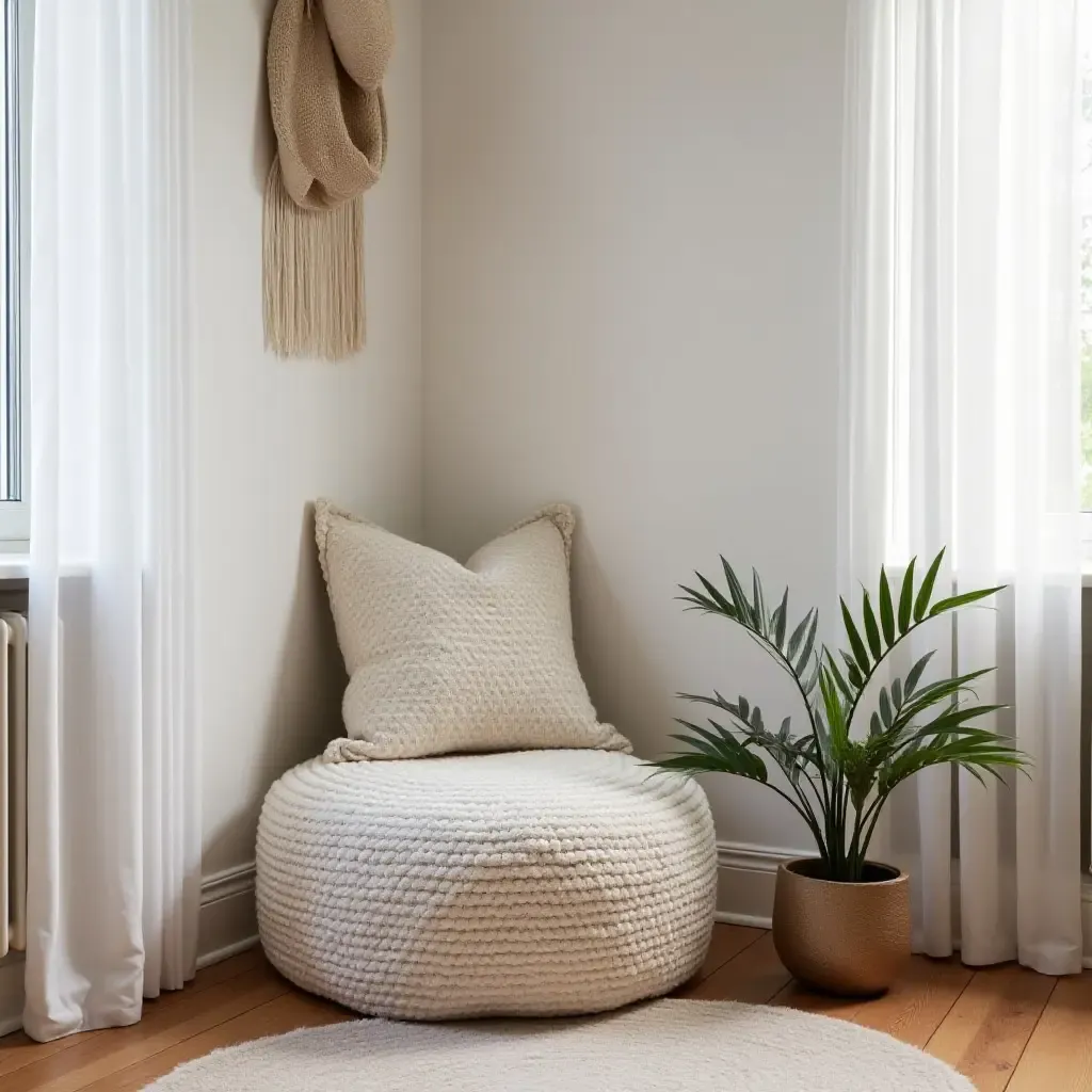 a photo of a cozy corner with a DIY pouf and cushions