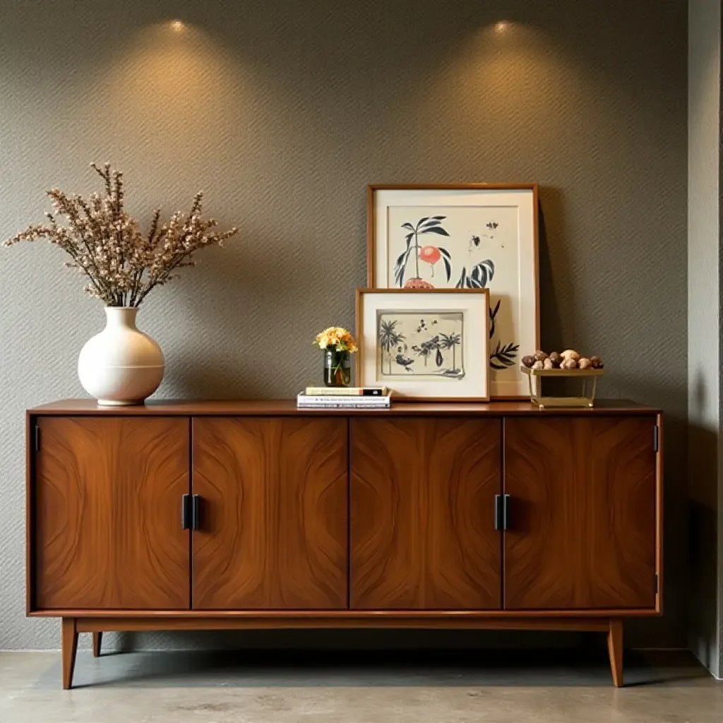 a photo of a retro sideboard displaying decor in a basement