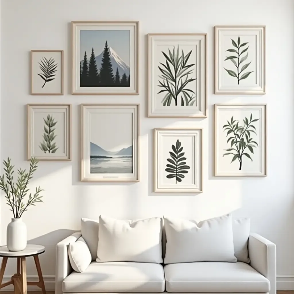 a photo of a gallery wall with diverse framed artwork