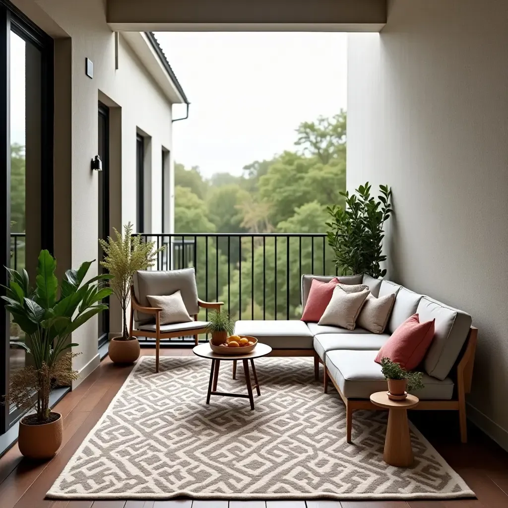 a photo of a balcony with a stylish outdoor rug and decor