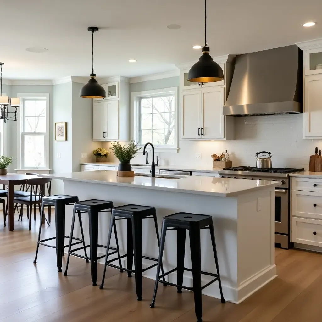 a photo of a kitchen featuring industrial-style bar stools at the counter