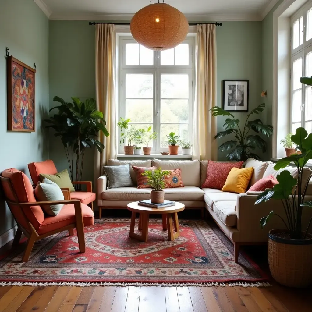 a photo of a cozy bohemian living room with colorful textiles and plants