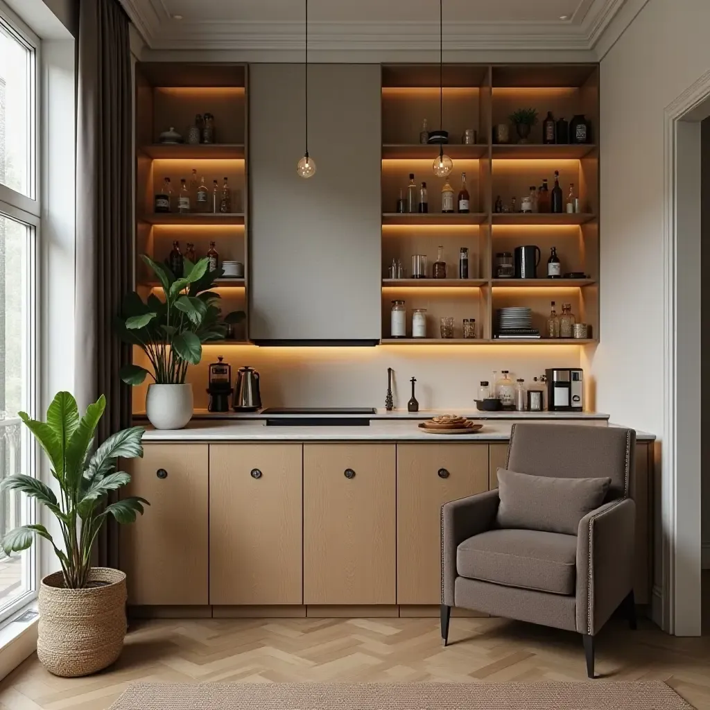 a photo of a chic bohemian coffee bar in the living room