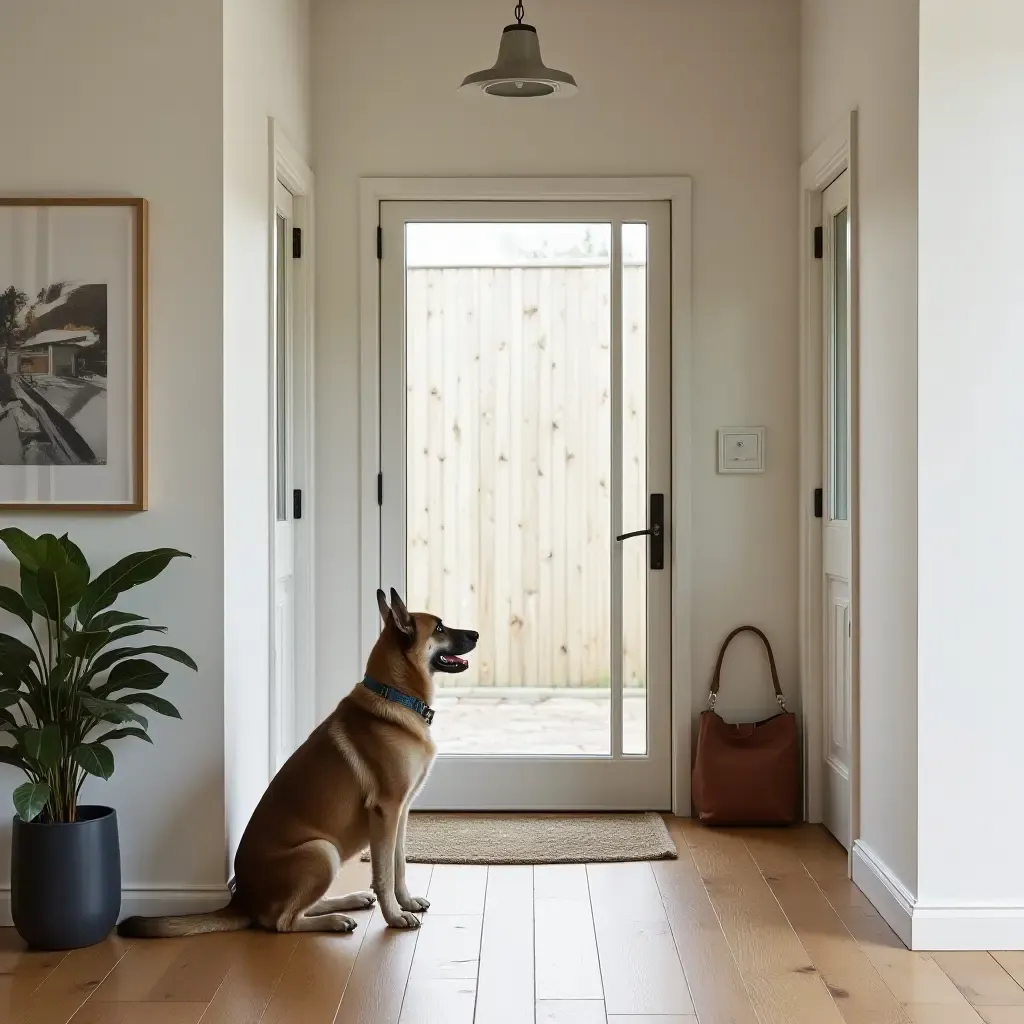 a photo of a functional entrance hall with a pet-friendly space for dogs