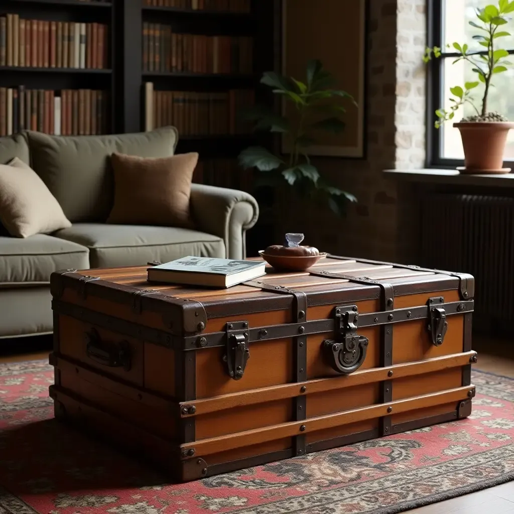 a photo of a vintage trunk used as a coffee table in a library