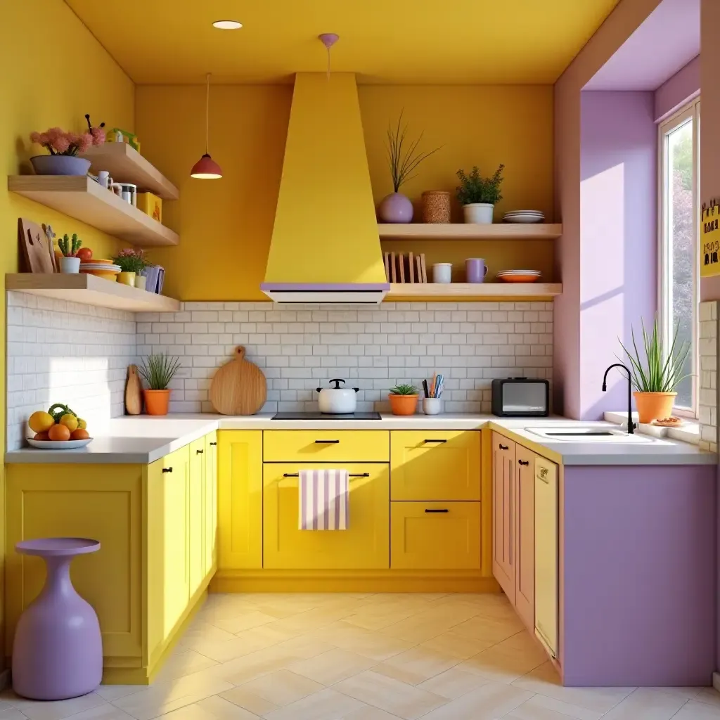 a photo of a fun yellow and purple kitchen with playful decor