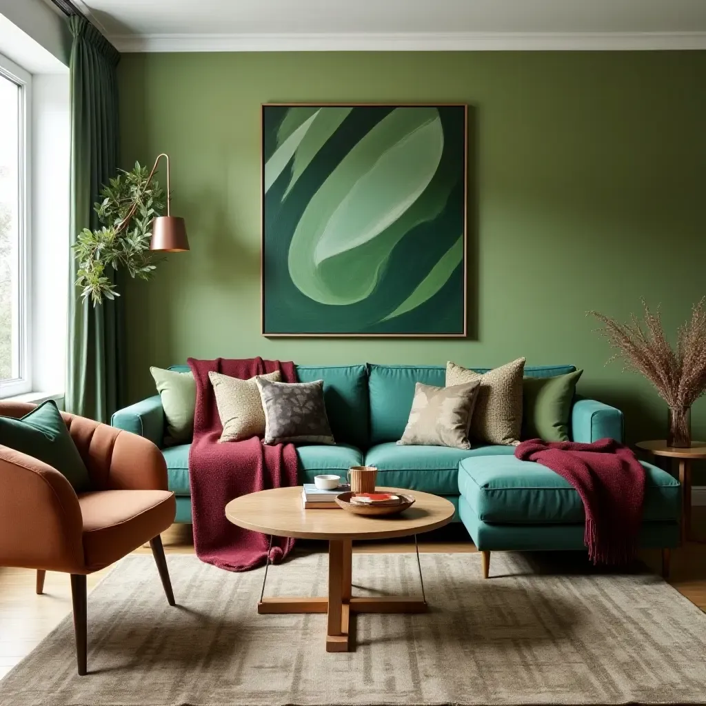 a photo of a vibrant living room with green art pieces and burgundy throws