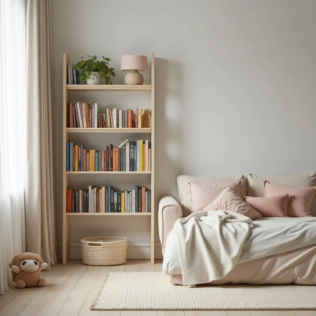 a photo of a serene modern kids&#x27; room with vintage bookshelf and colorful books