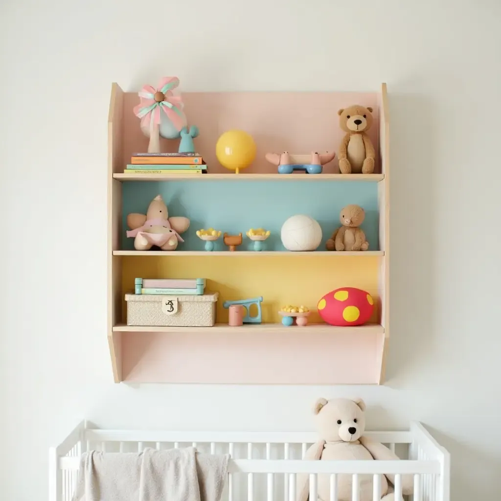 a photo of a colorful DIY nursery shelf with baby toys and books