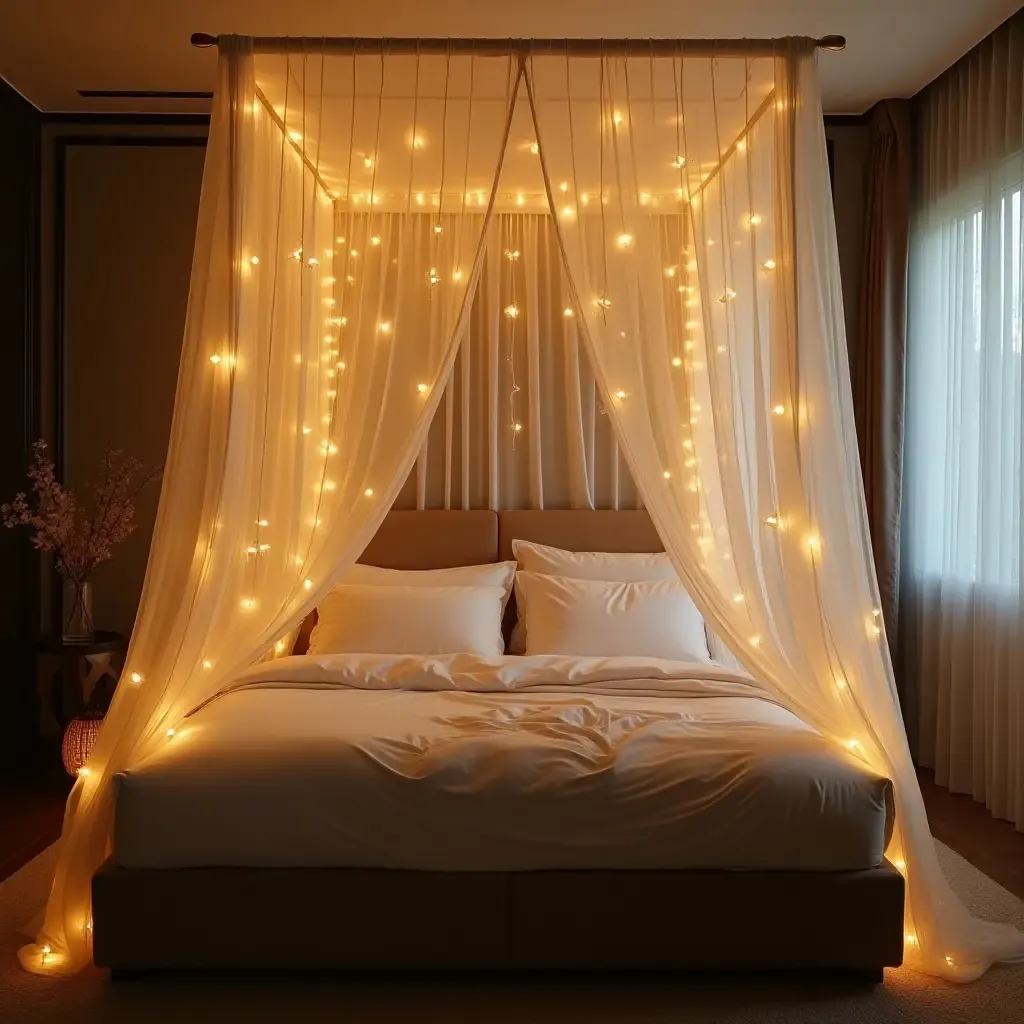 a photo of a bed with a canopy made of sheer fabric and fairy lights