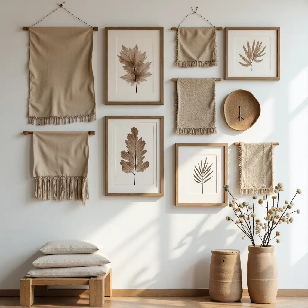 a photo of a gallery wall with a focus on texture using fabric and wood