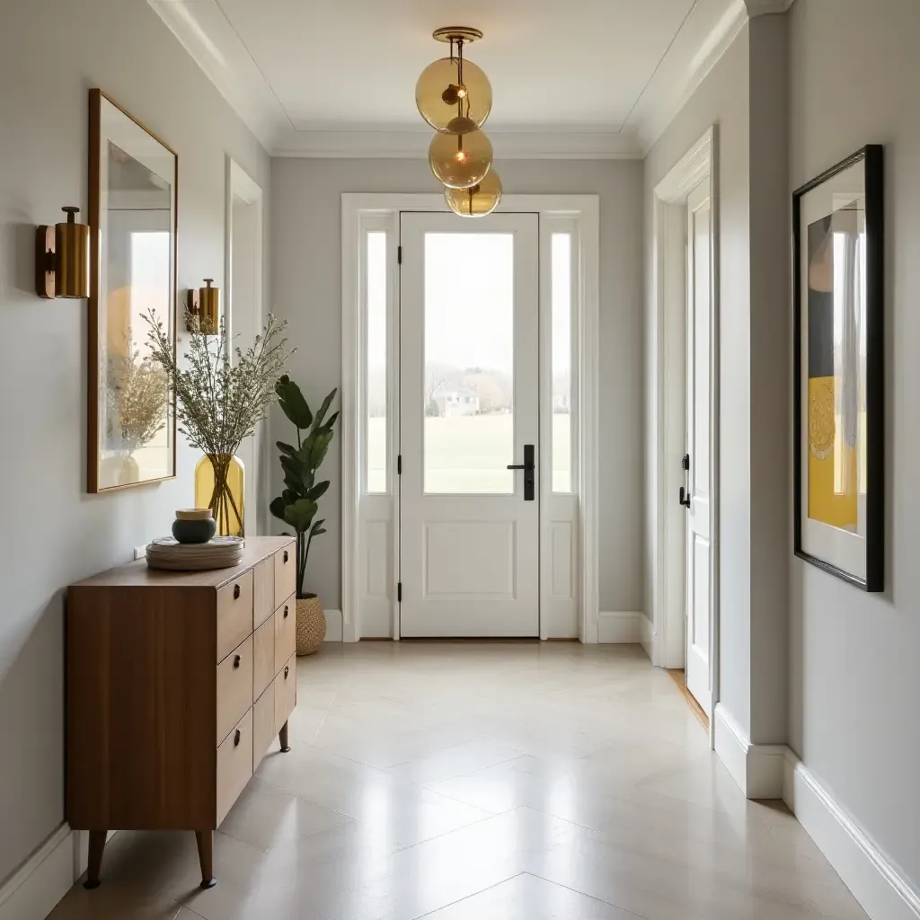 a photo of a modern entryway with gold accents and decor