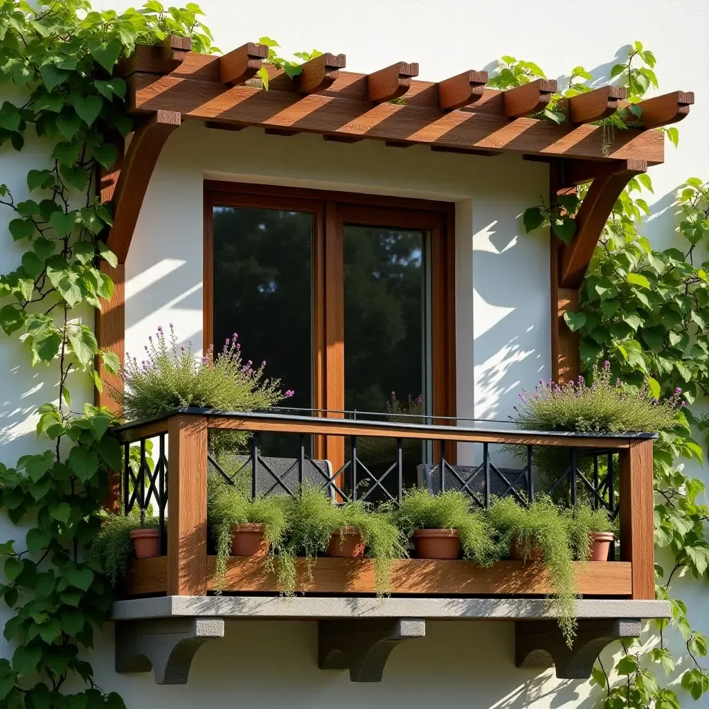 a photo of a balcony featuring a wooden arbor and climbing plants