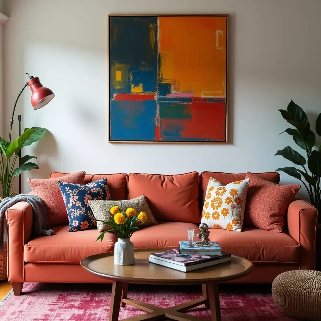 a photo of a vibrant eclectic living room with mismatched throw pillows on a cozy couch