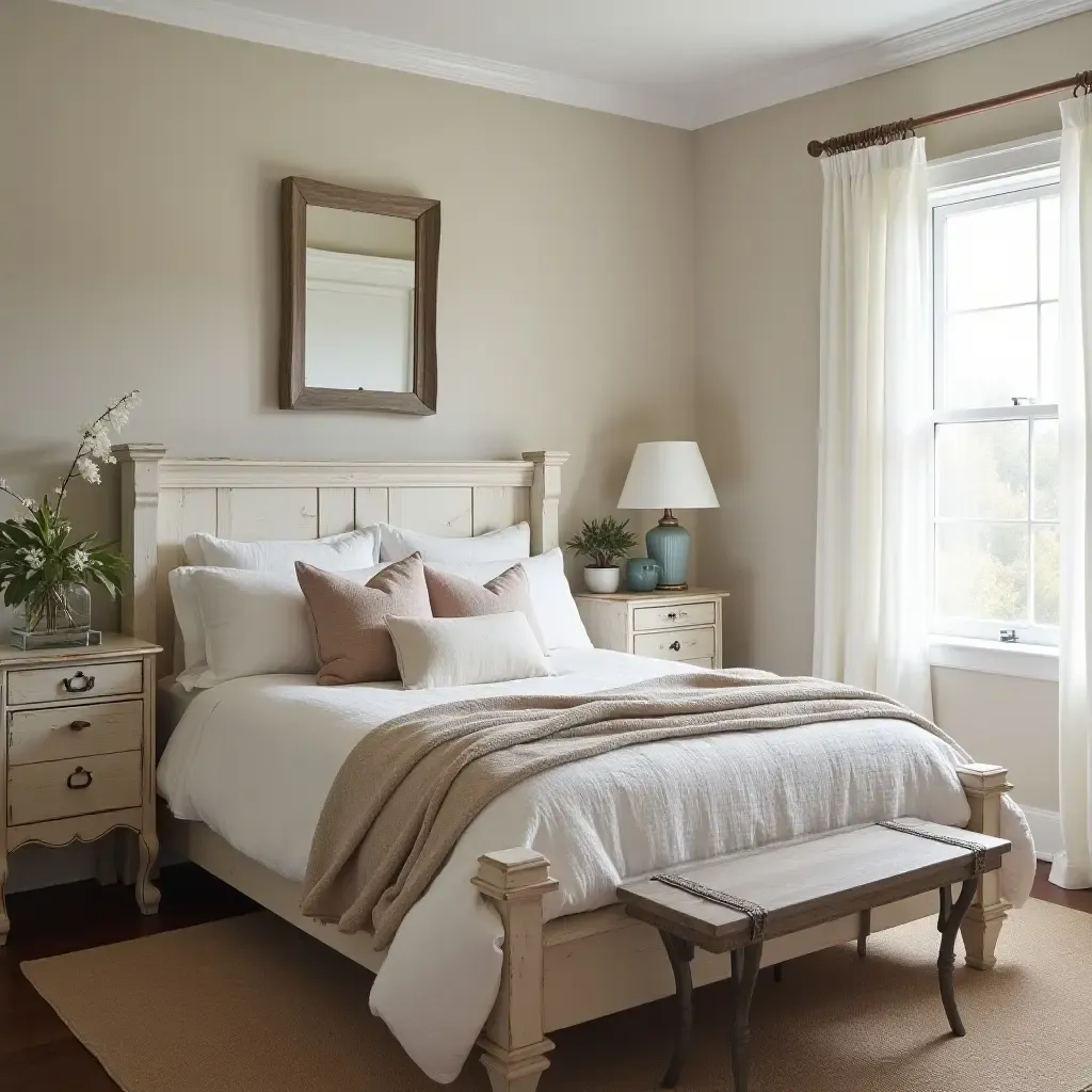 a photo of a charming bedroom featuring a farmhouse-style bed and vintage decor