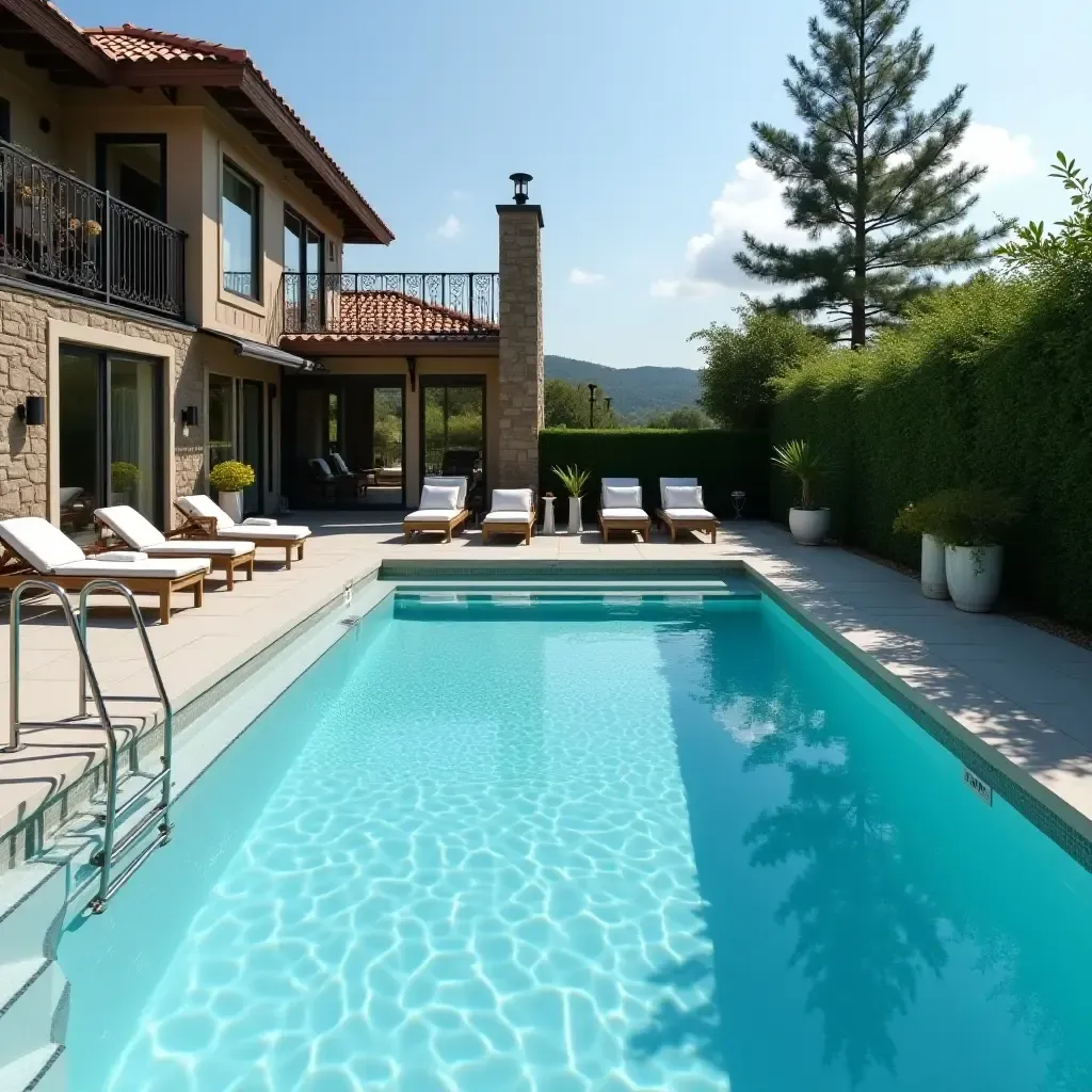 a photo of a luxurious pool with metallic railings and stylish loungers