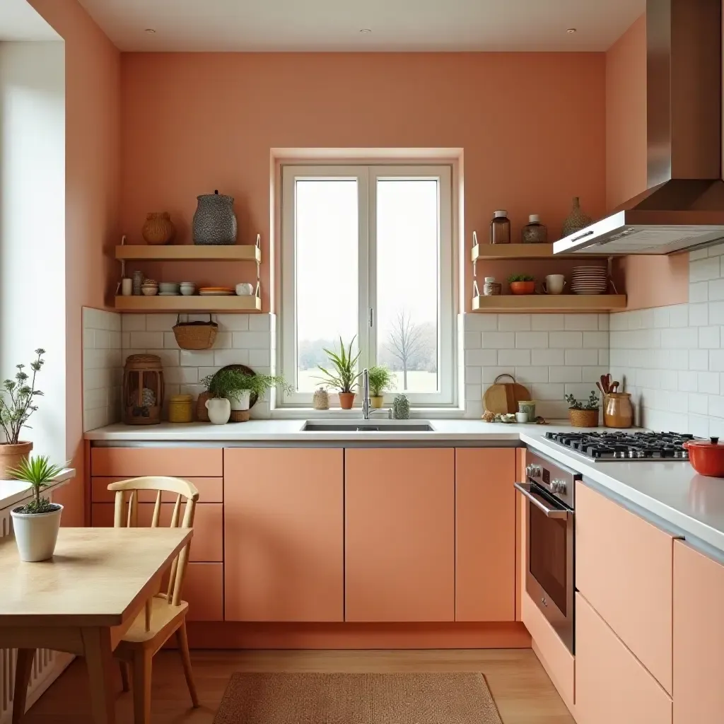 a photo of a small kitchen featuring a pop of color with appliances and decor