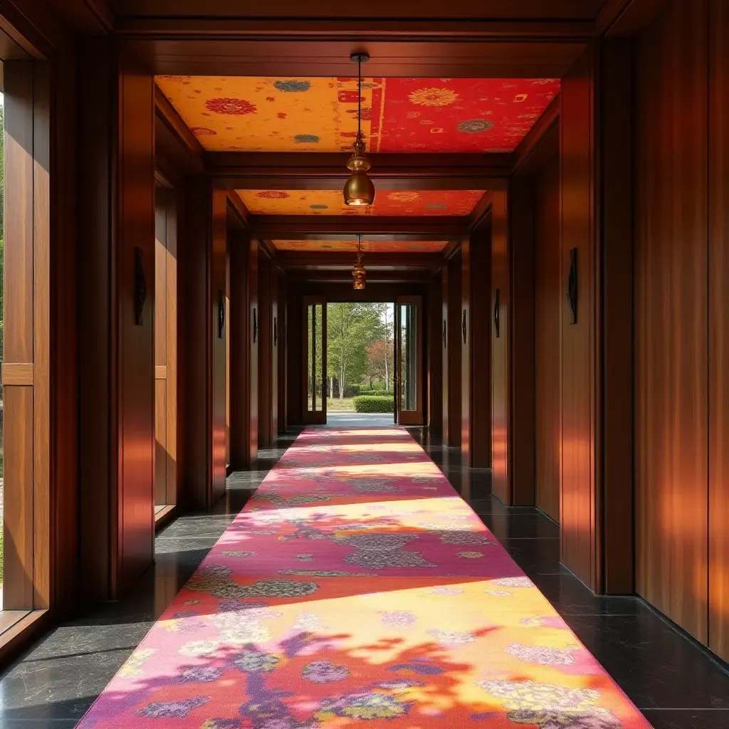 a photo of a vibrant entrance hall integrating colorful fabric, dark wood, and shiny metal