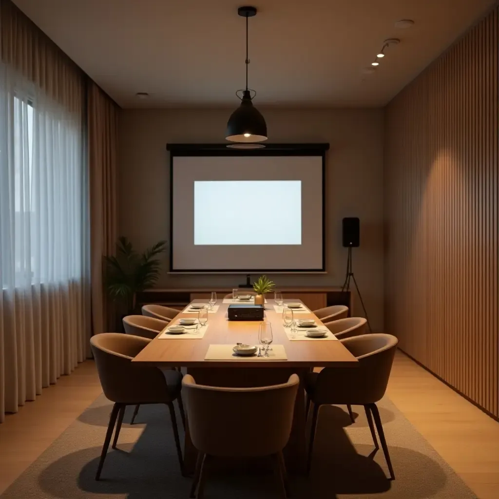 a photo of a minimalist dining space with a projector screen for movie nights