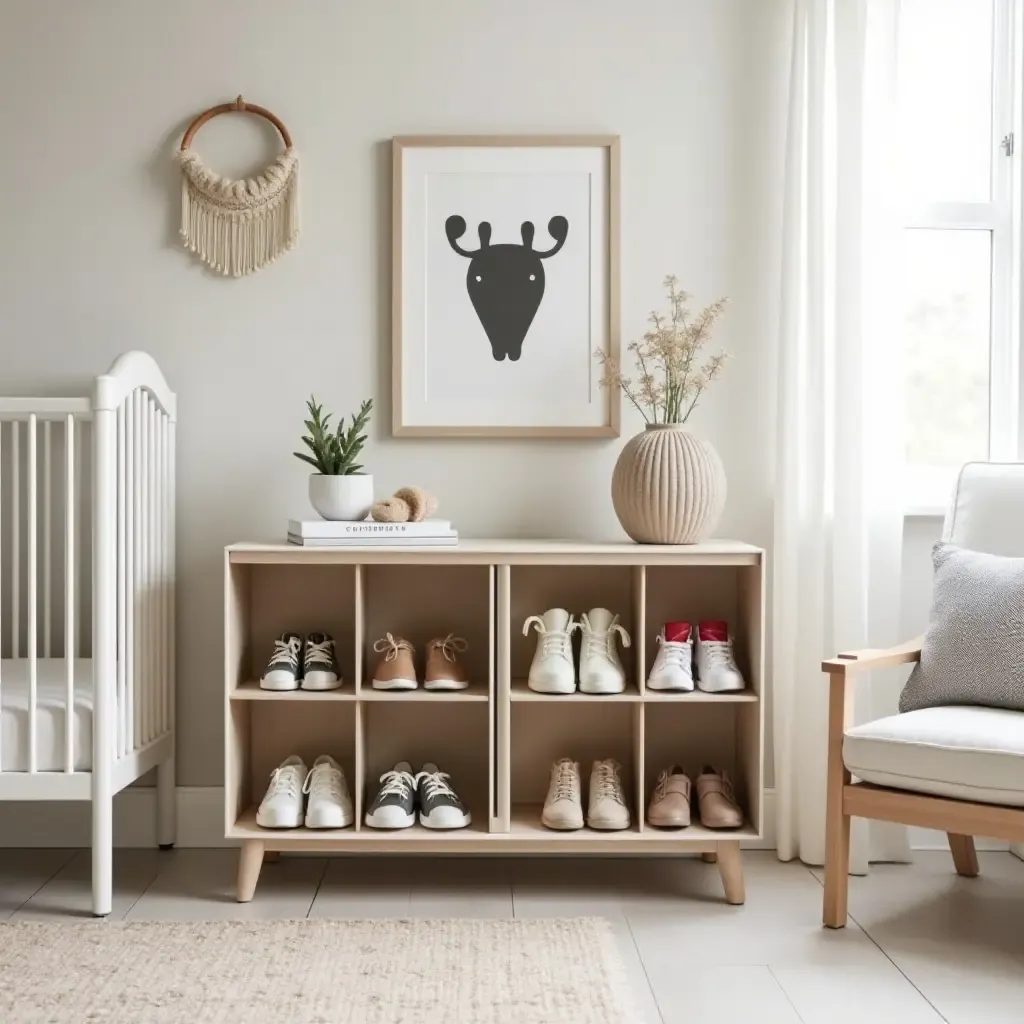 a photo of a nursery with a unique shoe storage solution