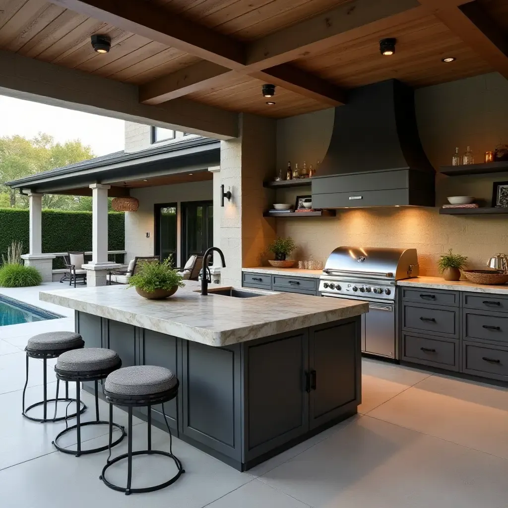 a photo of a luxury kitchen island with a built-in grill and outdoor seating